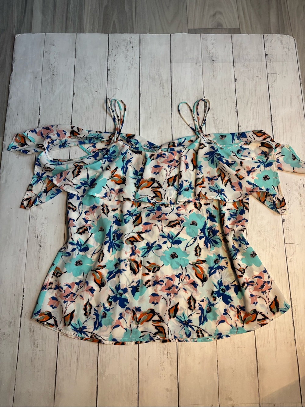 Lily White Floral Off-Shoulder Camisole in Aqua, Blue & Pink